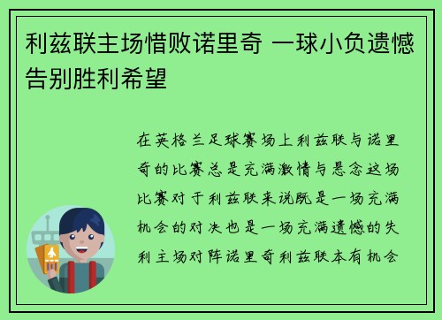 利兹联主场惜败诺里奇 一球小负遗憾告别胜利希望