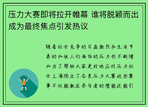 压力大赛即将拉开帷幕 谁将脱颖而出成为最终焦点引发热议