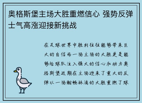 奥格斯堡主场大胜重燃信心 强势反弹士气高涨迎接新挑战