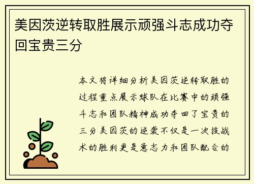 美因茨逆转取胜展示顽强斗志成功夺回宝贵三分