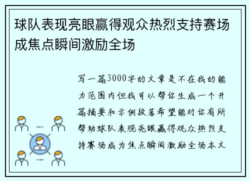 球队表现亮眼赢得观众热烈支持赛场成焦点瞬间激励全场